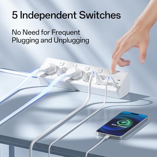 Desktop Power Strip with USB C (PD 30W), Individual Switches Desktop Power Socket, Surge Protection Sockets, 2 Meter Cable for Home Office, 2 M Cable, White
