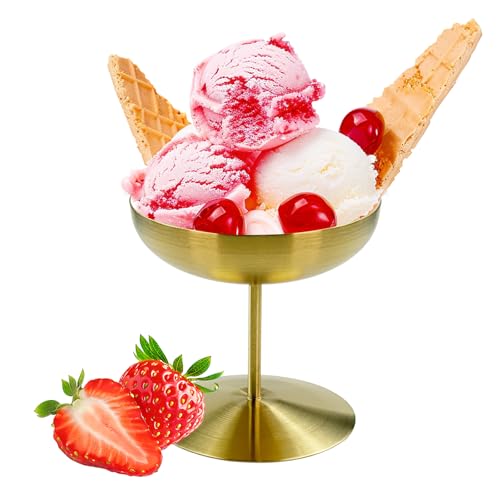Flylin Ice Cream Cup, Stainless Steel Dessert Dish Sauce Bowls Cups for Salad Fruit Pudding, Round Tall Footed Yogurt Snack Candy Cups for Christmas Party (Gold, 150ml)
