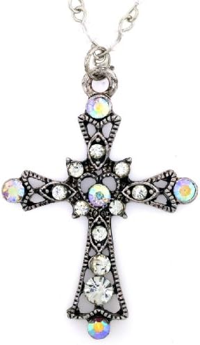 Clear Mini Glass Beads &amp; Rhinestones Heart of Faith Antique Cross Pendant Necklace