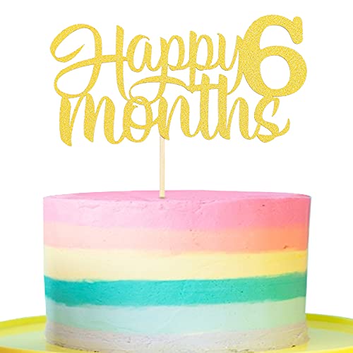 6 Months Birthday Cake Topper - Gold Glitter Happy Six Months Party Cake Decoration, Baby 1/2 Year Cake Topper, Photo Booth Props
