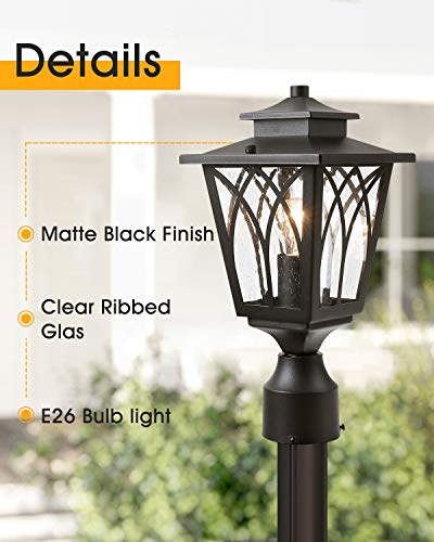 JAZAVA Outdoor Post Light Mounted Fixtures, Exterior Post Lantern LED Street Light with 3-Inch Pier Mount Base One-Light for Patio, Black Finish with Seeded Glass