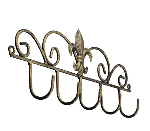 Decorative Fleur De Lis Wall Mounted Metal Hanger - 5 Hook - Keys, Hats, Towels, BBQ or Gardening Tools