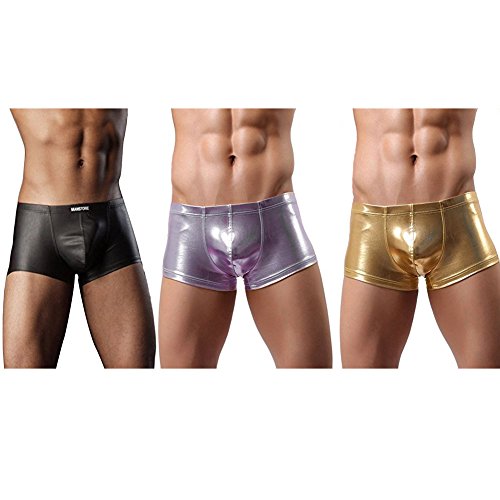 BlueSpace Patent Leather Mens Box Brief Low Rise Boxer Trunk Underwear Panties 3 Pack