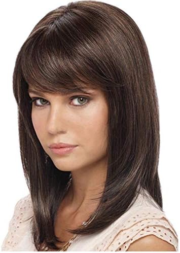 Women's Short Curly Hair Wigs 16" Straight with Bangs,Shoulder Length Short Bob Curly Wigs,Natural Human Wigs,Heat Resistant Synthetic Hair Replacement Wig,Halloween Cosplay Party Costume Wig
