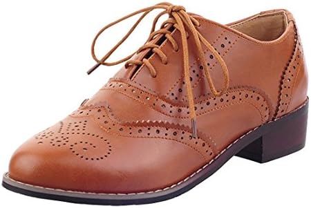 VECJUNIA Ladies Lace up Low Chunky Heel Cleated Wingtip Oxford Shoes Work Office Shoes