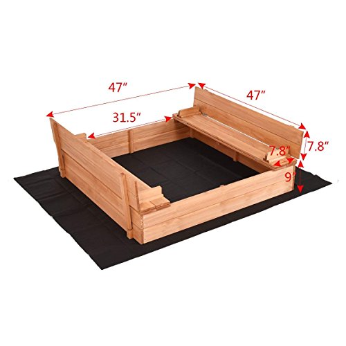 Costzon Kids Foldable Cabana Sandbox with 2 Convertible Benches & 1 Piece Black Non-Woven Fabric Cloth (47-Inch)