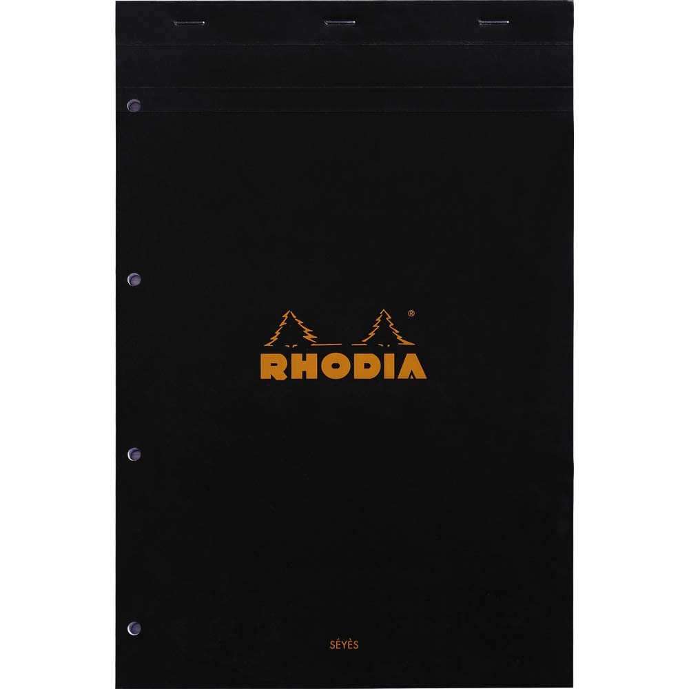RHODIA 201009C - Stapled Notepad N°20 Black - A4+ - Large Seyès Squares - 80 Detachable Sheets 4 Hole Punched - Clairefontaine White Paper 80G - Soft and Resistant Cover - Basics