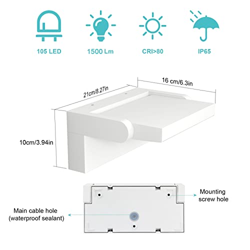 Klighten 24 W LED Wall Lamps Outdoor Indoor IP65, Outdoor Lamps Adjustable Modern Aluminium Wall Light for Hallway Entrance Gardens, Warm White 2700K-3000K, White