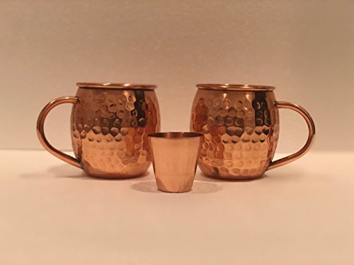 Scash Set of 2 Handcrafted Copper Moscow Mule Mugs Hammered Finish, 16 Oz. Gift Set Boxed with Shot Glass Product.