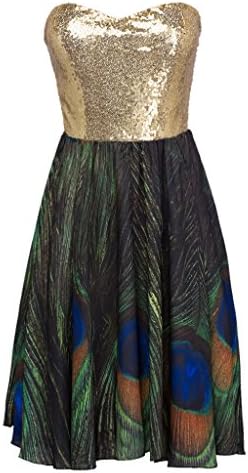 CHARLES RICHARDS CR Women's Color Block Strapless Sequind Peacock Feather Print Mini Dress
