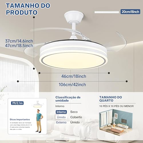 Ventilador de Teto com Luz LED Branco, 42'' Ventilador Regulável com Controle Remoto, Adequado para Quartos, Salas de Estar, Salas de Jantar e Cozinhas
