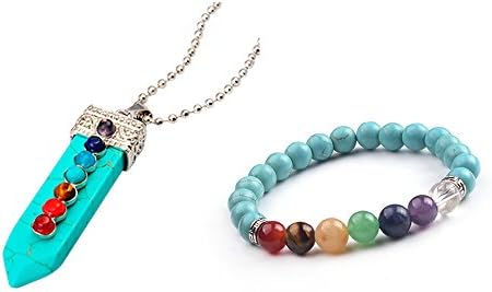 Zhepin 7 Chakra Stones Pendant Necklace Healing Point Fashion Pendant 60CM Bead Chain and 8MM Beaded Bracelet Set
