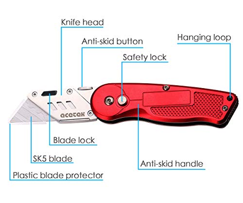 acetek Utility Knife Box Cutter,Pocket Folding Utility Knives Retractable with 10pcs Stainless Steel Blades, Belt Clip, Safety Quick Change Blade and Lock-Back Design