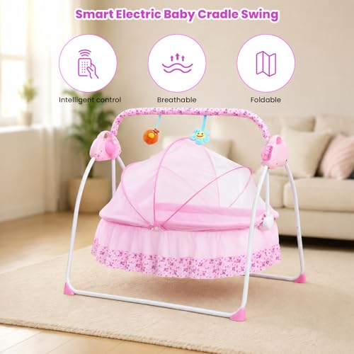 Jorunb Electric Baby Swing for Infants,Smart Electric Cradle,Foldable Portable Electric Toddler Rocker,5 Speeds,Bluetooth Support,With Remote Control,Mosquito Net(Red)