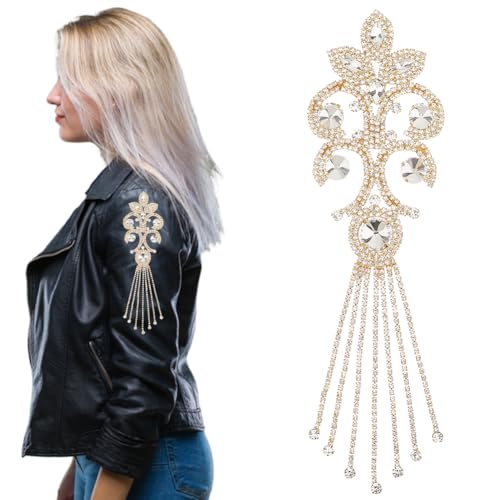 CABODYALS Gold Rhinestone Applique Iron On With White Crystal Fringe Trim Welded Water Brass Tassels Flower Pattern Design Sparkle Diamond Patches for Clothing Accessories Jewellery Decor Diy Craft