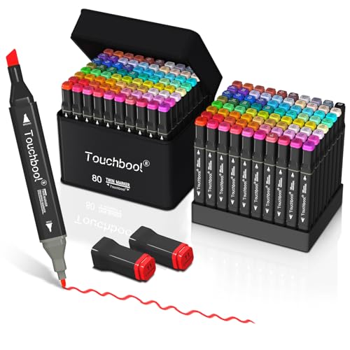 Touchbool ﻿80 Colors Alcohol Markers for Artists Adults Dual Tip Art Marker Pens with Board & Fine Tips, Permanent Illustration Markers for Coloring Book Manga Anime Sketching Card Making & Journaling