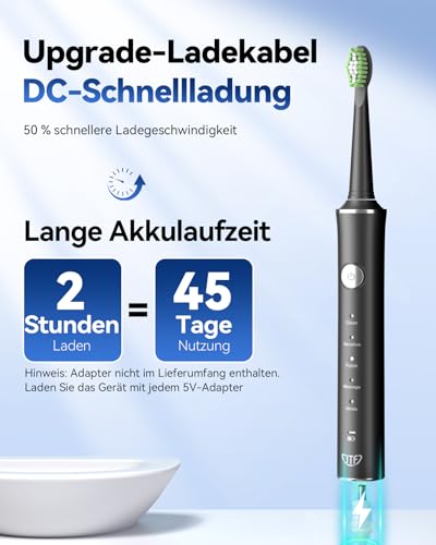 JTF Sonic Electric Toothbrush - Deep Cleaning for Sensitive Gums, 5 Modes, 45 Days Battery, 8 Heads, IPX7 Waterproof, Smart Timer, Ideal for Travel (Black)