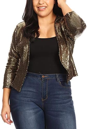 Women's Junior Plus Size Open Front Metallic Sequin Blazer Jacket Cardigan