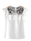 Floerns Women's Ruffle Embroidery Mesh Summer Chiffon Blouse