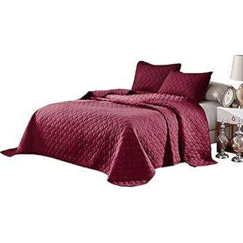 Oversize King,Cal King Stitched Burgundy Color Quilted Flower Design Bedspread Coverlet 118 by 106 inches plus 2 King Shams 20 by 36 inch Hypoallergenic Reversible,Home,Hotels,Motel,Rentals 7.30 lbs