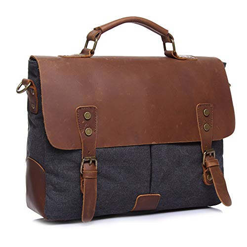 Vintage Genuine Leather Canvas Messenger Bag 14-inch Laptop Briefcase Satchel Shoulder Bag Bookbag for men and women
