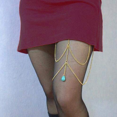 Evazen Bohe Turquoise Leg Chain Gold Beach Crossover Thigh Leg Chain for Women and Girls