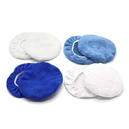 AUTDER 5 Inch & 6 Inch Car Polisher Pad Bonnet, Waxers Bonnet Set, Woollen+Cotton+Microfiber+Coral Fleece, 2 Pcs for Each, Pack of 8 Pcs