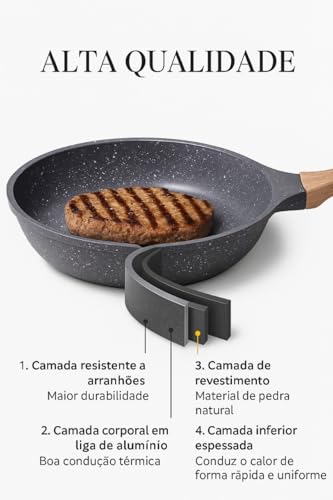 Frigideira Cerâmica Antiaderente Premium 28 cm Grande, Cabo soft touch Ergonômico, Grill, Frita sem Óleo, Limpa fácil, Compatível com Fogão a Gás e Indução.