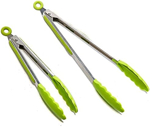 Colorful Stainless Steel Silicone Kitchen Tongs Set 2 Pack (12" & 9"),for Barbecue BBQ and Salad-Green