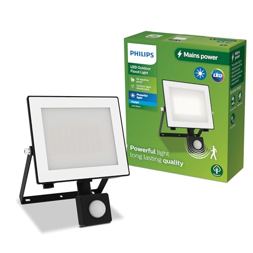 Philips Lois Flutlichtstrahler für den Außenbereich mit Sensor, 30 Watt, 5000K Tageslicht, Schwarz, Weißes Licht