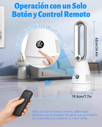 Ventilador Torre,62cm Ventilador de Pie Silencioso con Mando a Distancia,8 Velocidades,2 Modos(Sueño/Alta),Timer 9H,Pantalla LED, Oscilación 90°,35W Ventiladores Sin Aspas Portátiles para Casa/Oficina