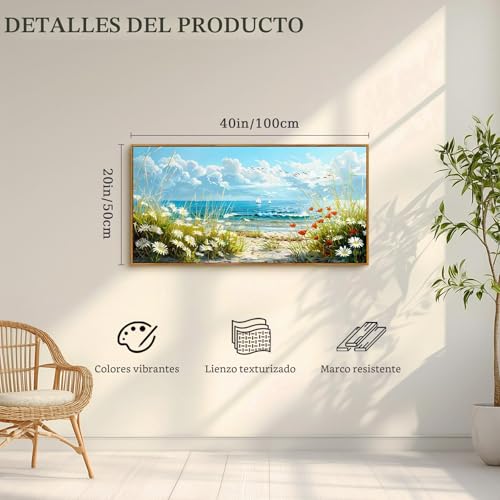 hyidecorart Large Modern Living Room Decoration Paintings, 50 x 100 cm, Flowers, Beach, Decorative Pictures, Canvas Picture with Frames, Suitable for Bedrooms, Hallways, Dining Rooms