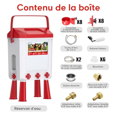 CHAMUTY Automatic Chicken Drinker 10 Litres with 8 Bowls, 8 Nipple Dispensers, Controlled Filtered Float, 1.5 m Stainless Steel Pipe, Automatic Chicken Water Dispenser for Ducks Geese