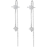 SLUYNZ Sterling Silver CZ Star Dangle Earrings for Women Teens Long Dangle Earrings Threader Tassel