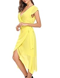 ANGVNS Vestido midi de gasa asimétrico a la cintura con cuello en V simple para mujer XS-L