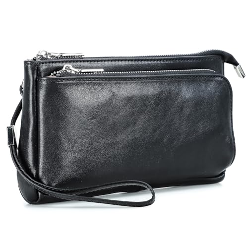 CONTACTS Pochette da viaggio da uomo in vera pelle con cinturino da polso, portafoglio passaporto con cerniera e tasca con cerniera, Portafoglio borsa a mano grande capacità per telefono