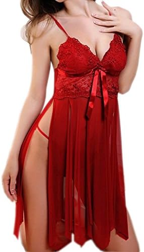 Vilania Women Red Nighty Dress Lingerie Slip Lace Mesh Shoulder Strap Chemise Babydoll Sleepwear Underwear With V-string,TXZ9045-Red-XL