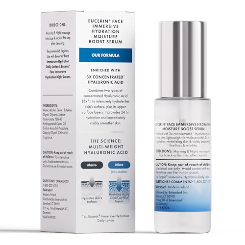 EUCERIN FACE IMMERSIVE HYDRATION MOISTURE BOOST FACE SERUM, ULTRA-LIGHTWEIGHT HYALURONIC ACID SERUM SMOOTHS FINE LINES AND WRINKLES, 1 FL OZ BOTTLE