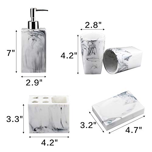 Jung Ford 5-Piece Bathroom Counter Top Accessory Set - Dispenser for Liquid Soap or Lotion, Soap Dish, Toothbrush Holder and 2 Tumblers, Marble Imitated Resin - Thumbnail 2