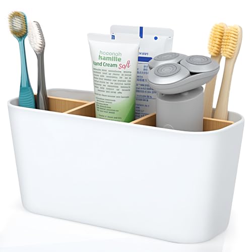 VINATO Toothbrush Holder, Electric Toothbrush Holder, Bamboo Partitions Toothbrush Holder Bathroom with 5 Compartments Bathroom Organizer for Office, Living Room, Kitchen