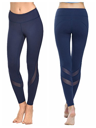 Women Yoga Pants Leggings with Mesh Compression Workout Gym Capri Yoga Pants with Hidden Pocket Ninth Pants NK9-002 (M, Navy)