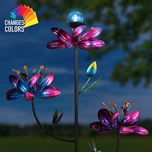 Exhart Triple Lotus Flower Wind Spinners Garden Stake w/Solar Crackle
