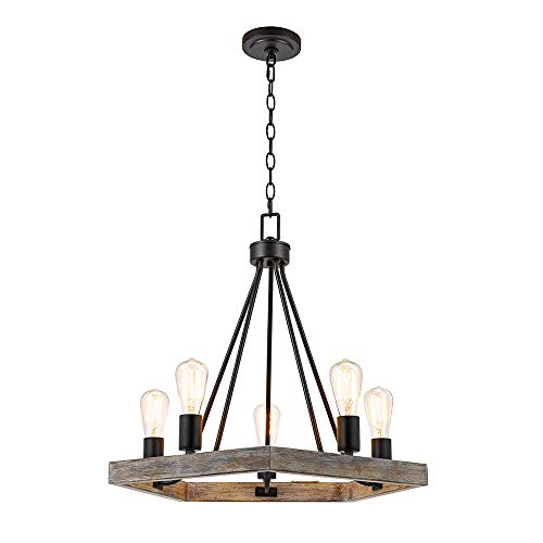 Catalina Lighting 22164-000 Country Rustic Geometric 5-Light Metal Cage Chandelier with Faux Wood Trim, 21", Black