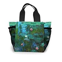ANDY SHAN Portable Lunch Bags, Reusable Large Shopping Tote, Independent Mesh Bags On Both Sides For Entertainment, Picnics, Travel, Beach-Monet water lilies