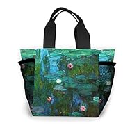 ANDY SHAN Portable Lunch Bags, Reusable Large Shopping Tote, Independent Mesh Bags On Both Sides For Entertainment, Picnics, Travel, Beach-Monet water lilies