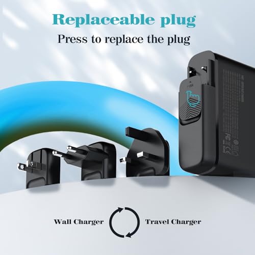 Timerial 140W GaN Fast Travel Charger Station 3 Type C & 3 USB, International Travel US/UK/EU Detachable Plugs,Charging for Laptop Tablet Smart phone,Output Power LED Display,1.5M Extension Cable