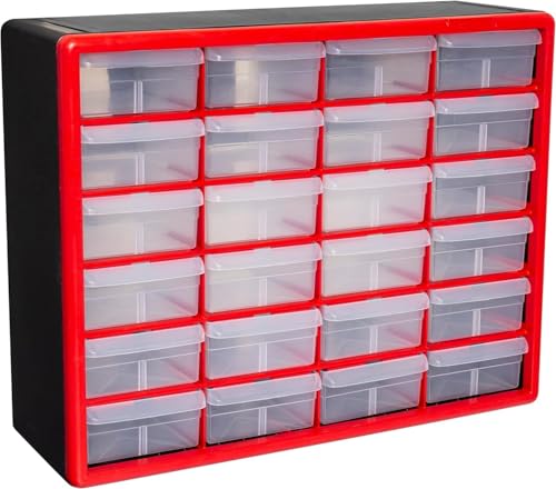 Akro-Mils 10124 24-Drawer Plastic Drawer Storage Cabinet for Garage Organization, Lego Storage, Teacher Toolbox, Makeup Organizer, and More, 50.8 cm W x 15.24 cm D x 40.64 cm H, Red