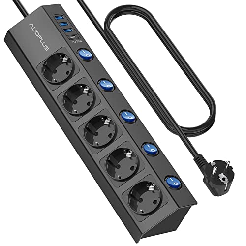 Power Strip, Individually Switchable, 5-Way Power Strip, Wall Mounted with 1 USB-C Quick Charger (PD 20 W) and 3 USB Power Strips, Multiple Socket with Surge Protection (3680 W/16 A), 2 m Cable