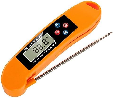 Malanzs Digital Stainless Steel Folding Thermometer Probe with an Instant Read Electronic Digital Display for BBQs, Grilled Food, Snacks, Liquids, Oil, Milk & Bath Water - Range: Between -50°C and 300°C Orange