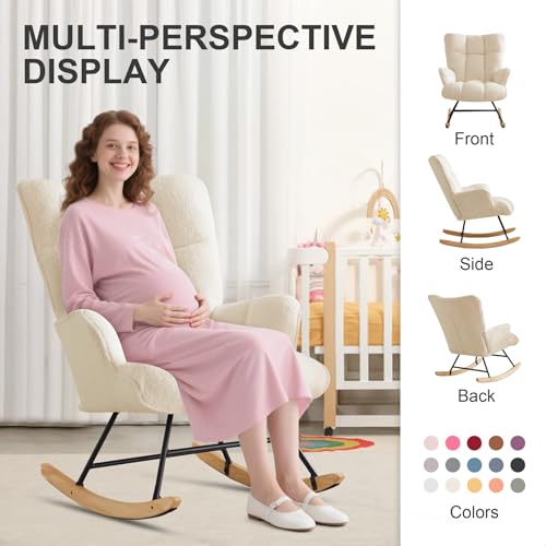 Zedachica Rocking Chair Nursery Teddy Rocking Accent Chair Upholstered Glider Rocker Armchair Comfy Side Chair Padded Seat with High Back for Living Room Bedroom Offices (Ivory)